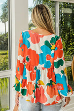 BiBi Floral Woven Tiered V Neck Top