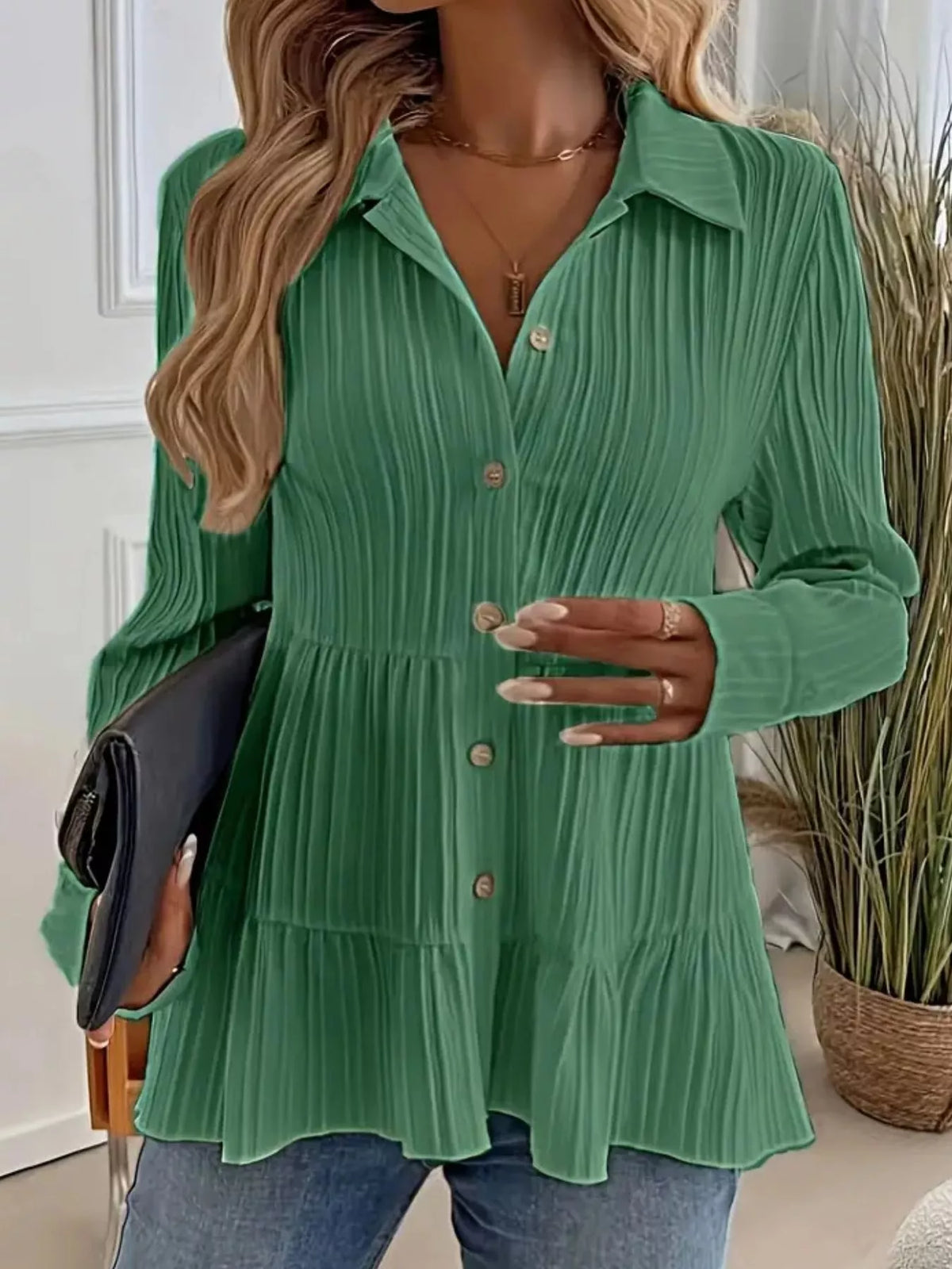 Button-Down Long Sleeve Tiered Shirt