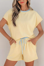 Soft Ribbed Color Block Trim Casual Short Set