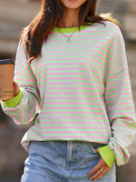 Striped Contrast Ribbed Trim Drop Shoulder Sweatshirt