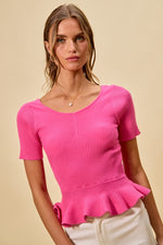 SO ME Ribbed Knit Short Sleeves Peplum Sweater Top