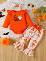 Children's Halloween Graphic Top and Pants 3-Piece Set with Headband