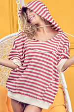 BiBi Stripe Fleece Notch Neck Short Sleeve Hoodie