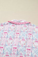 Wreath Pattern Christmas Tied Front Long Sleeve 2pcs Pajama Set