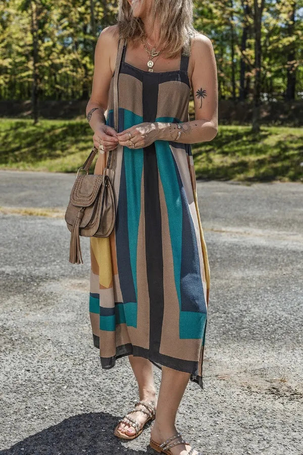 Color Block Square Neck Wide Strap Dress