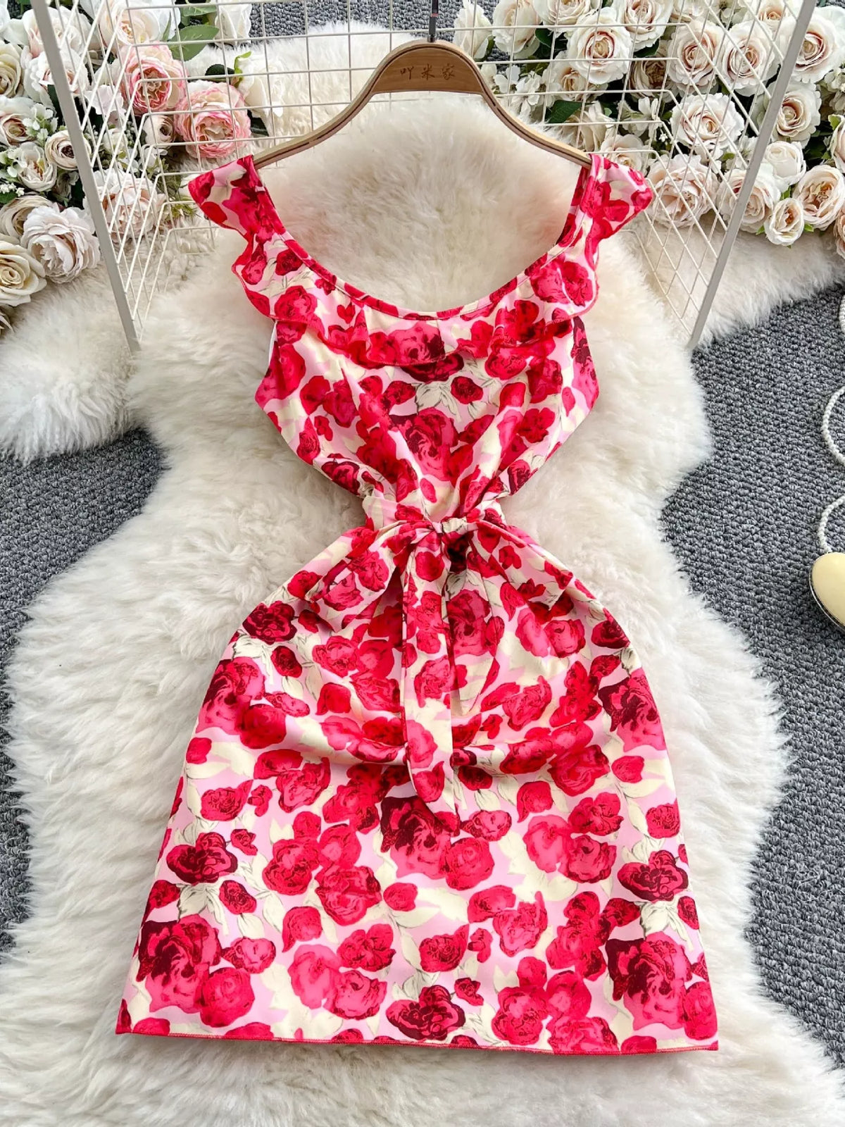 Floral Print Ruffle Trim Mini Dress