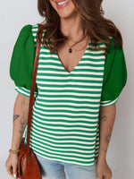 Striped Puff Sleeve V-Neck Blouse