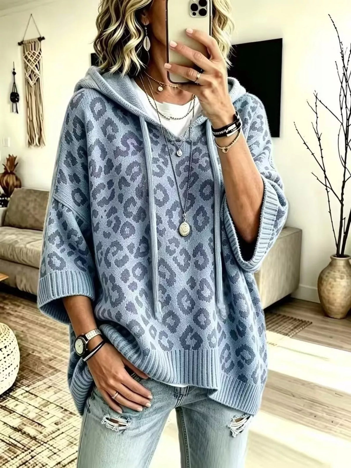 Drawstring Leopard Hooded Sweater