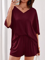 Casual Solid Color V-Neck Top & Shorts Set