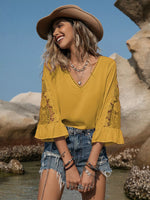Plus Size Lace Sleeve V-Neck Blouse