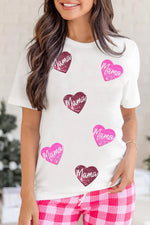 MAMA Heart Shape Sequin Patched Crew Neck T Shirt