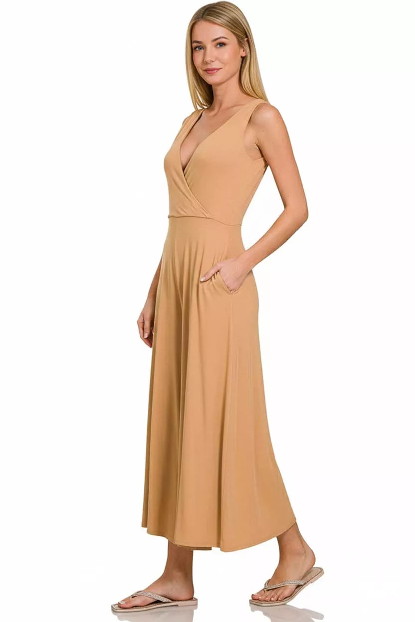 Zenana Surplice Neckline Sleeveless Jumpsuit