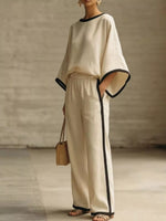 Full Size Contrast Trim Top and Wide-Leg Pants Set Plus Size