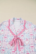 Wreath Pattern Christmas Tied Front Long Sleeve 2pcs Pajama Set