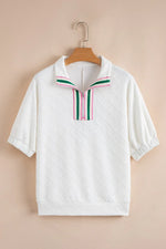 Contrast Striped Collar Patchwork Textured Half Sleeve Blouse