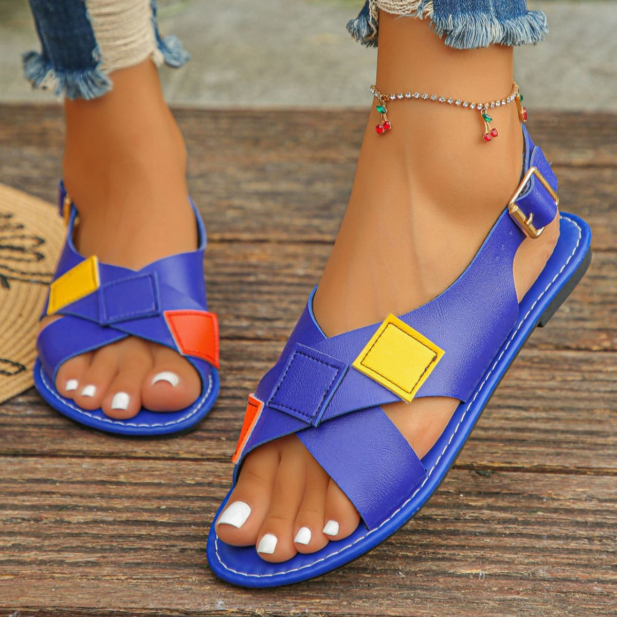 Colorful Patchwork Buckle Ankle Strap Sandals