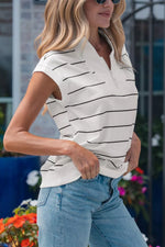 Stripe Color Block Zip V Neck Sleeveless Top