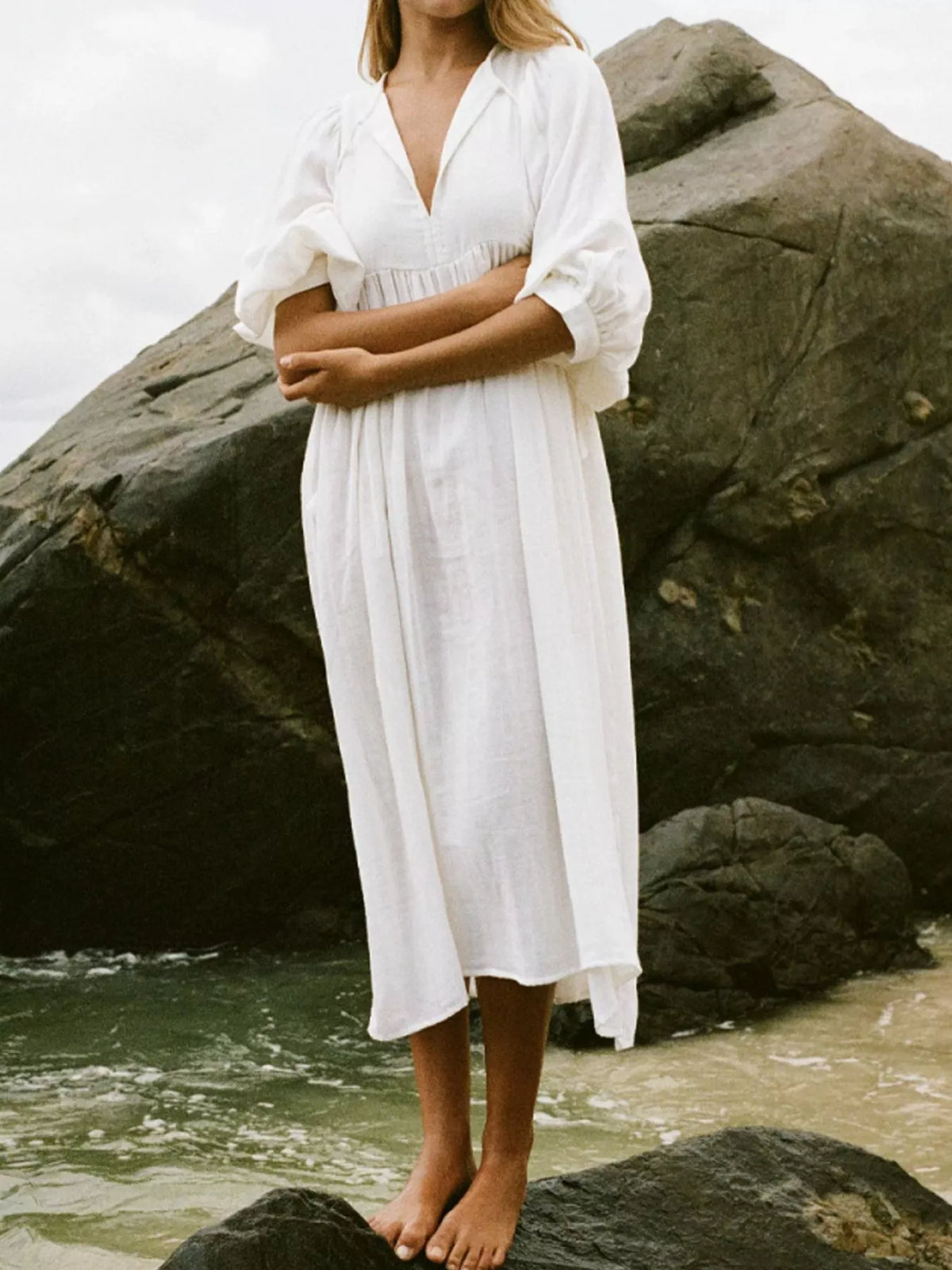 Tie Neck 3/4 Sleeve Midi Dress
