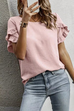 Solid Color Ruffle Trim Short Sleeve Blouse