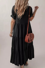 Hidden Buttons Short Sleeve Ruffle Tiered Long Flared Dress