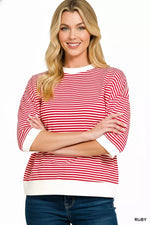 Zenana Striped Contrast Trim Banded Bottom Top