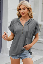 Half Button Drawstring Short Sleeve Hooded T-Shirt