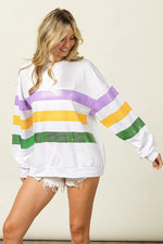 BiBi Sequin Mardi Gras Striped Round Neck Sweatshirt