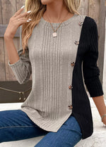 Color Block Ribbed Knit Decor Button T-Shirt