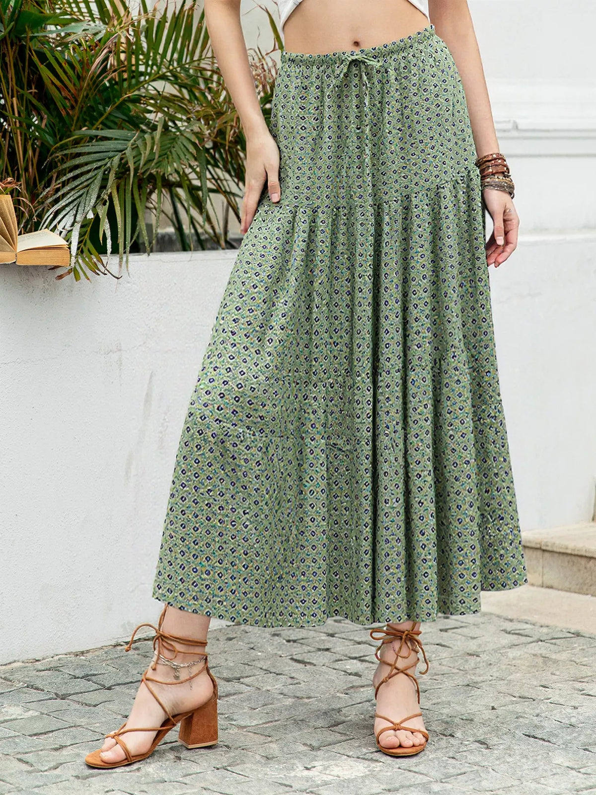 Boho Print Tiered Maxi Skirt