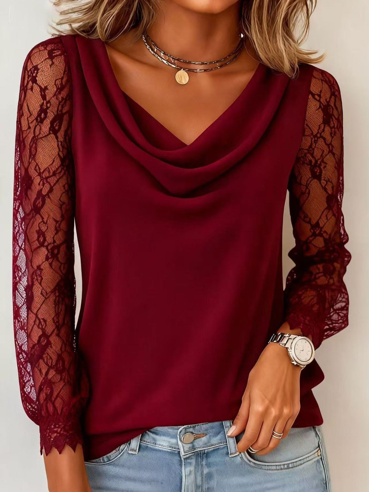 Lace Sleeve Cowl Neck Blouse