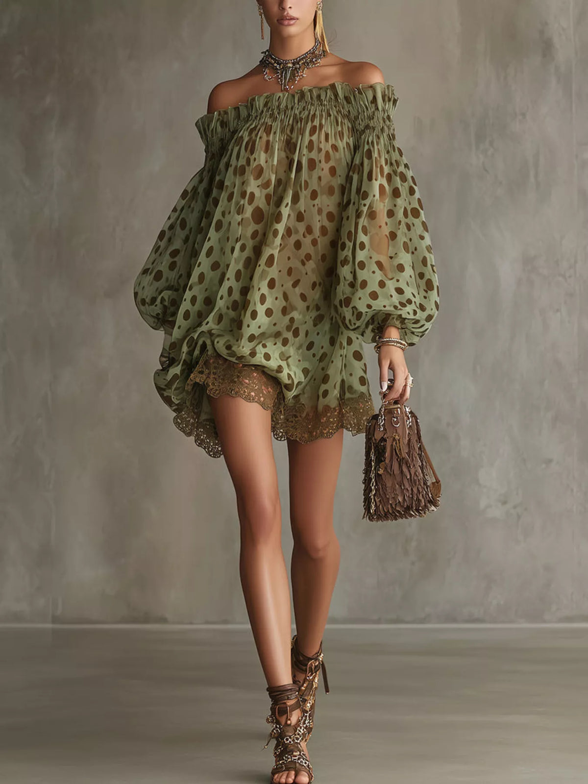 Off-Shoulder Polka Dot Sheer Mini Dress