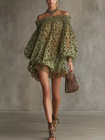 Off-Shoulder Polka Dot Sheer Mini Dress