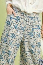 Umgee Linen Printed Wide Leg Raw Hem Pants