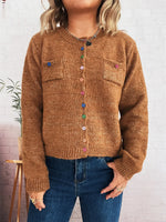 Button-Up Ribbed Hem Cardigan with Chest Pocket