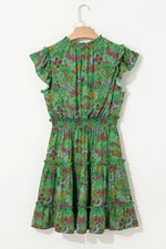 Floral Tie Split Neck Frilly Ruffle Trim Tiered Short Dress