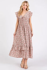 Mittoshop Flower Print Ruffle Cap Sleeve V-neck Midi Dress