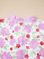 Floral Print Striped Trim Frilled Neck 3/4 Sleeve Flared Mini Dress