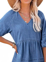 Casual V-Neck Puff Sleeve Denim Mini Dress