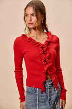 SO ME Cascade Ruffle Ribbed Sweater Cardgian