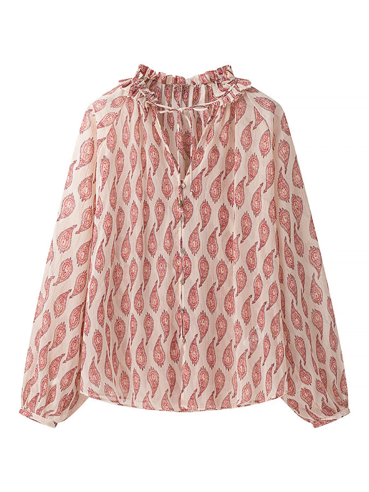Paisley Print Frill Tie Neck Long Sleeve Blouse
