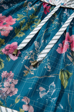 Floral Print Contrast Yoke Patchwork Striped Trim Long Puff Sleeve Blouse