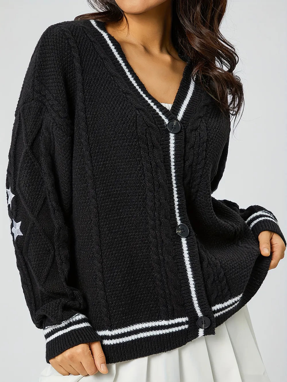 Star Embroidered V-Neck Long Sleeve Cardigan