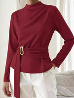 Mock Neck Blouse with Waist-Defining Metal Buckle Detail