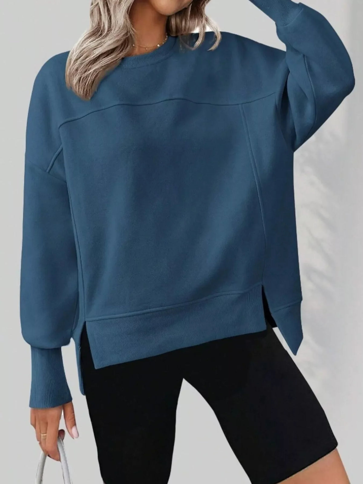 Slit Round Neck Dropped Shoulder Sweatshirt