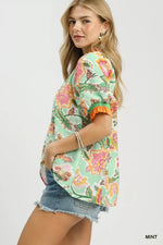 Umgee Floral Print Ruffled Short Sleeve Top