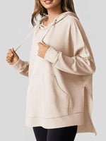 Slit Drawstring Waffle Knit Hoodie