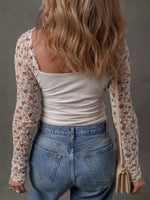 Floral Lace Patchwork Square Neck Long Sleeve Top