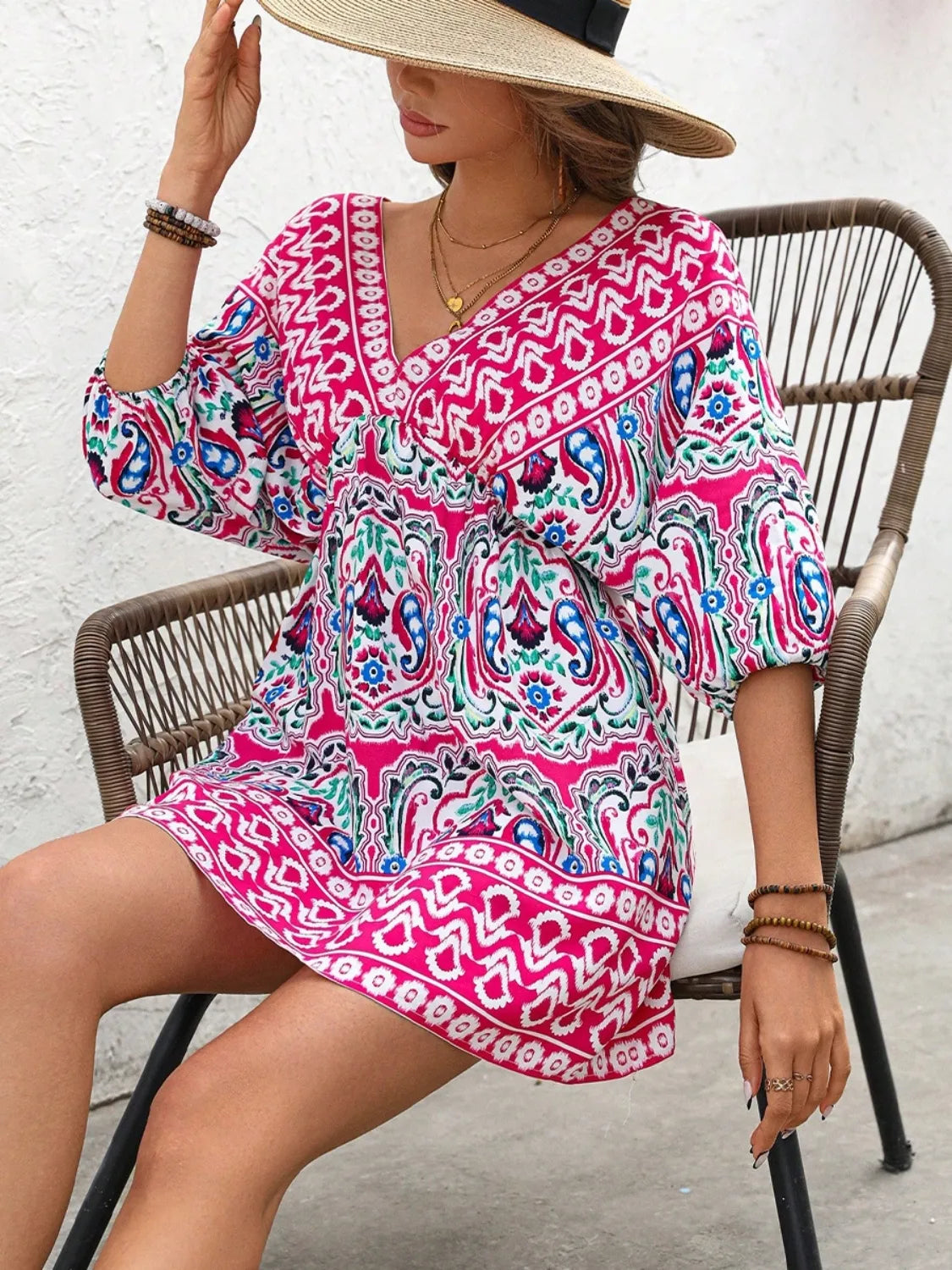 Printed Tie Back Half Sleeve Mini Dress