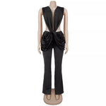 Deep V-Neck Knot-Front Flare Leg Jumpsuit