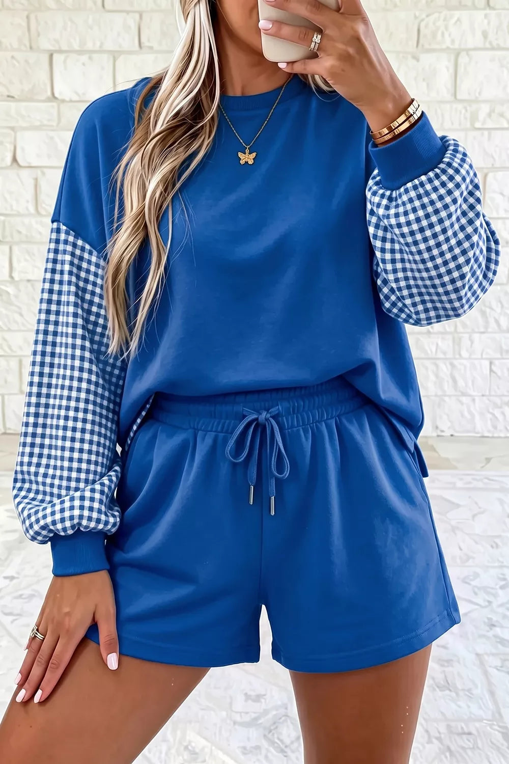 Gingham Patchwork Long Sleeve Sweatshirt and Shorts Set